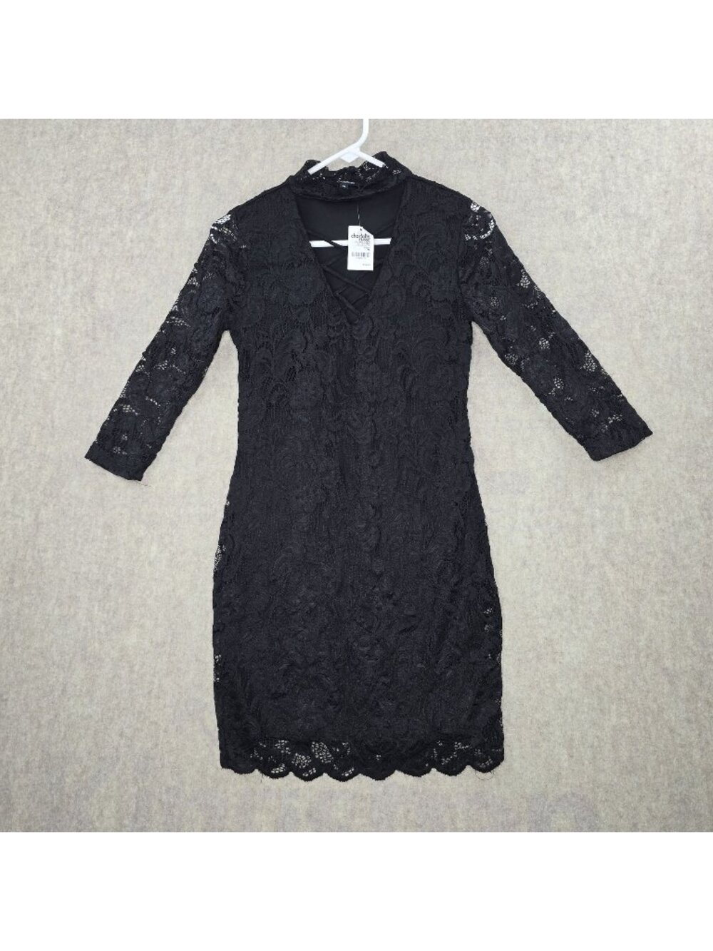 Ambiance  Womens Lace Black Midi Dress Size M Semi Sheer Bodycon Long Sleeves